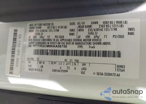 2019 Ford Transit-250 z USA, uszkodzony, nr VIN 1FTYR2CM9KKA58750